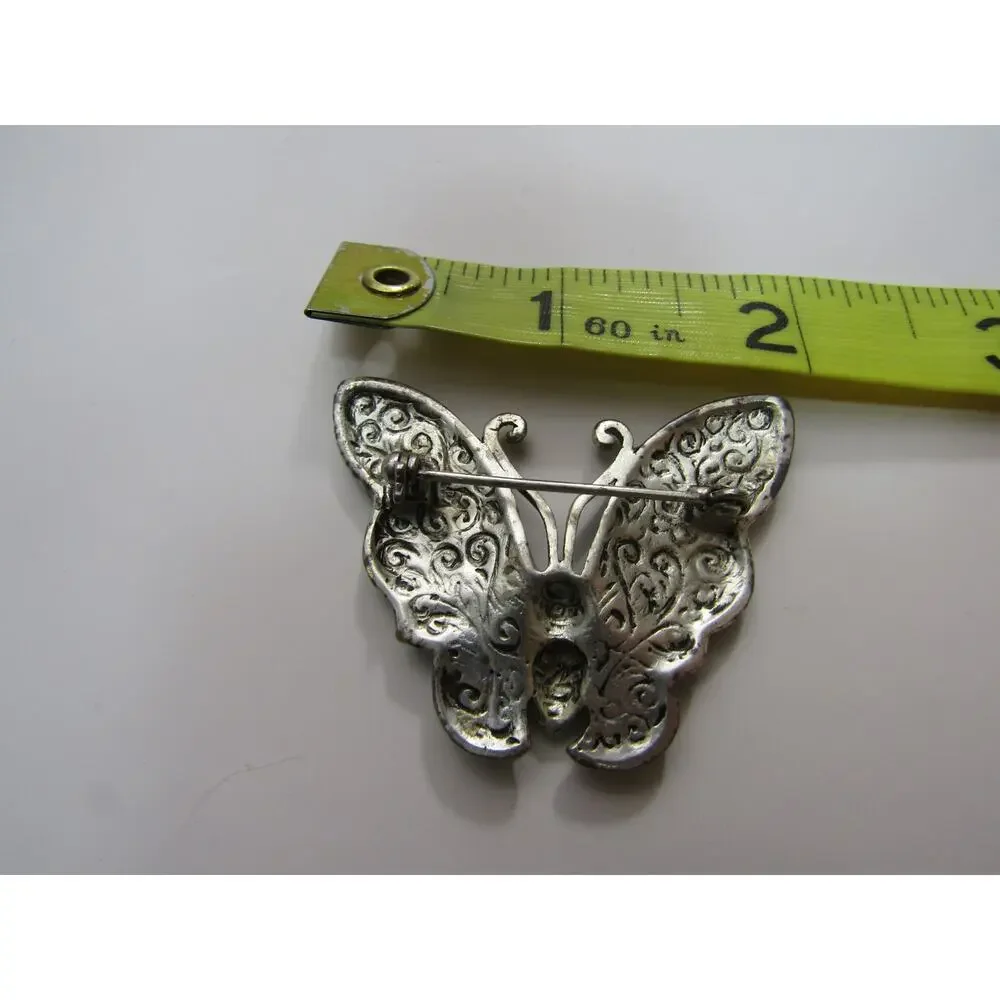 Sage Green Enamel Butterfly W/Rhinstones Brooch Boho Minimalist Art Deco Cottage